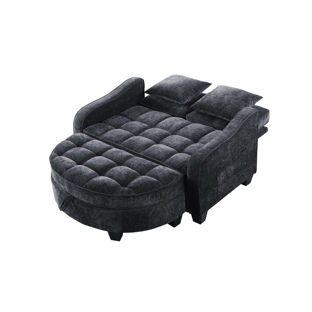 2-Seater Sofa Chaise Lounge with Irregular Curved Armrests, Ergonomic Backrest, Footrest with 2 Throw Pillows, 42.5" L x 32.5" W x 36.5" H, Black