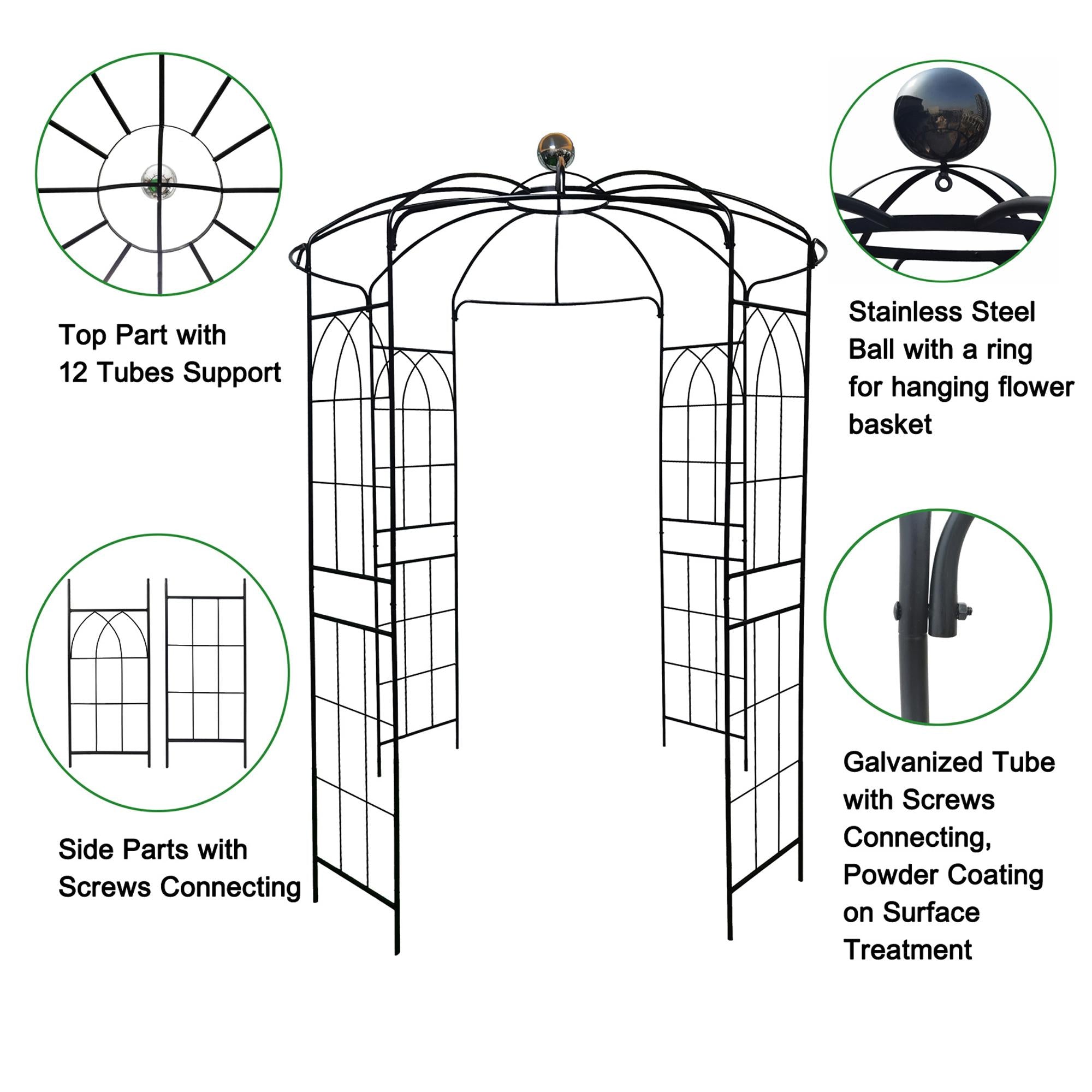 Metal Garden Arch Arbor with Anti-Rust Coating, Birdcage Shape Pergola Pavilion for Wedding, Ceremony, 81.5" L x 81.5" W x 114" H, Black
