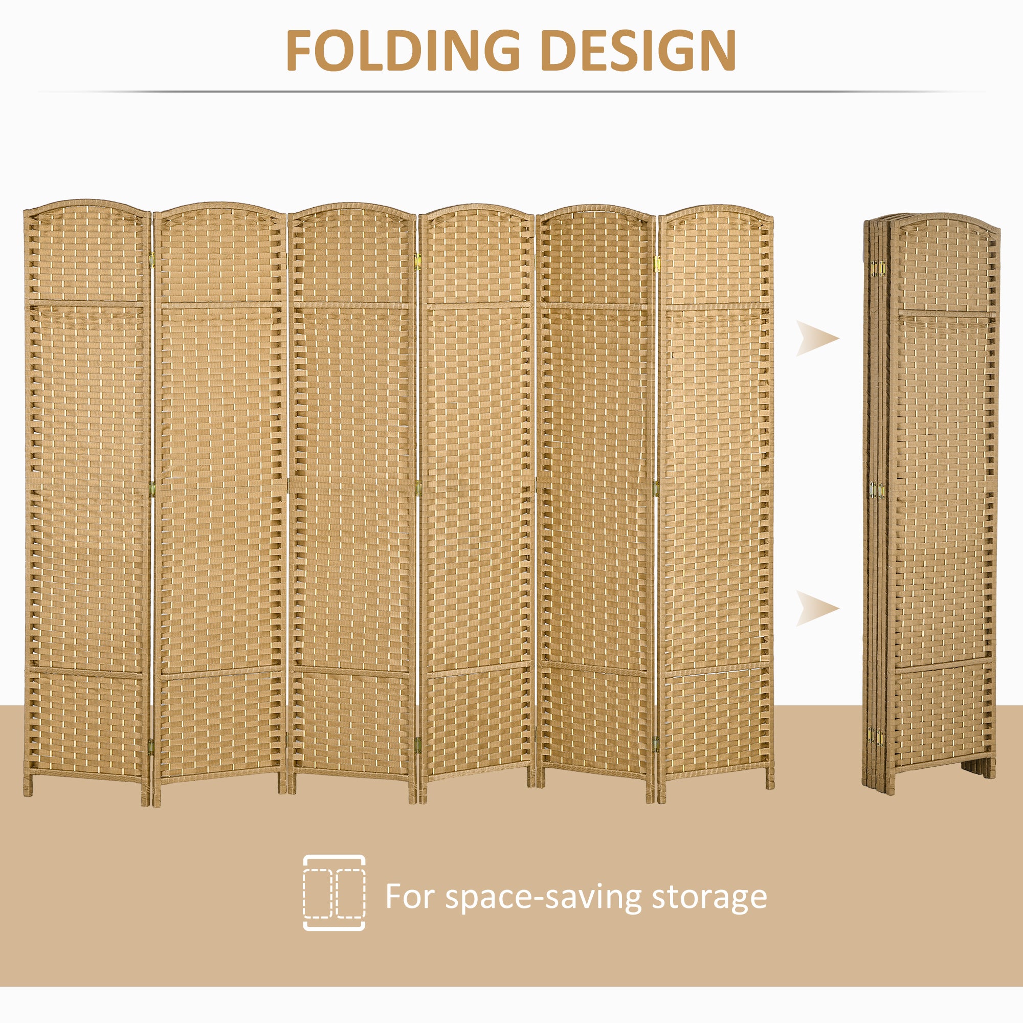 Folding Room Divider Screen 6 Panel 5.6 ' Tall Privacy Screen Freestanding Room Partition for Home Office, Nature Wood