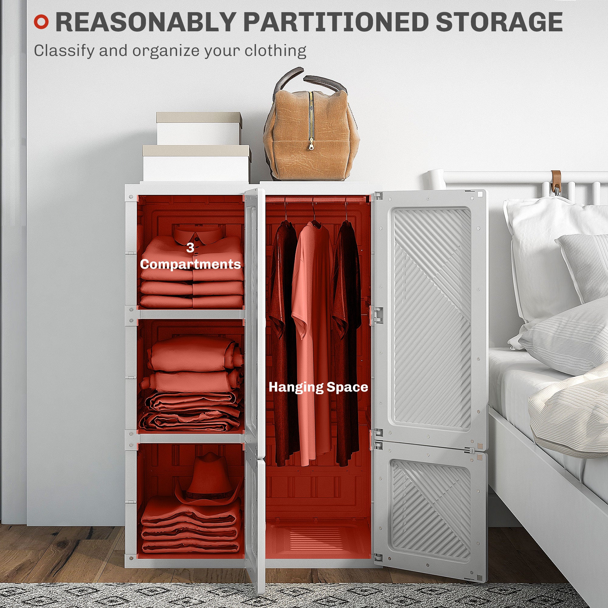 Portable Wardrobe, Foldable Clothes Storage Organizer with 3 Compartments, Hanging Rod, Magnet Doors, White