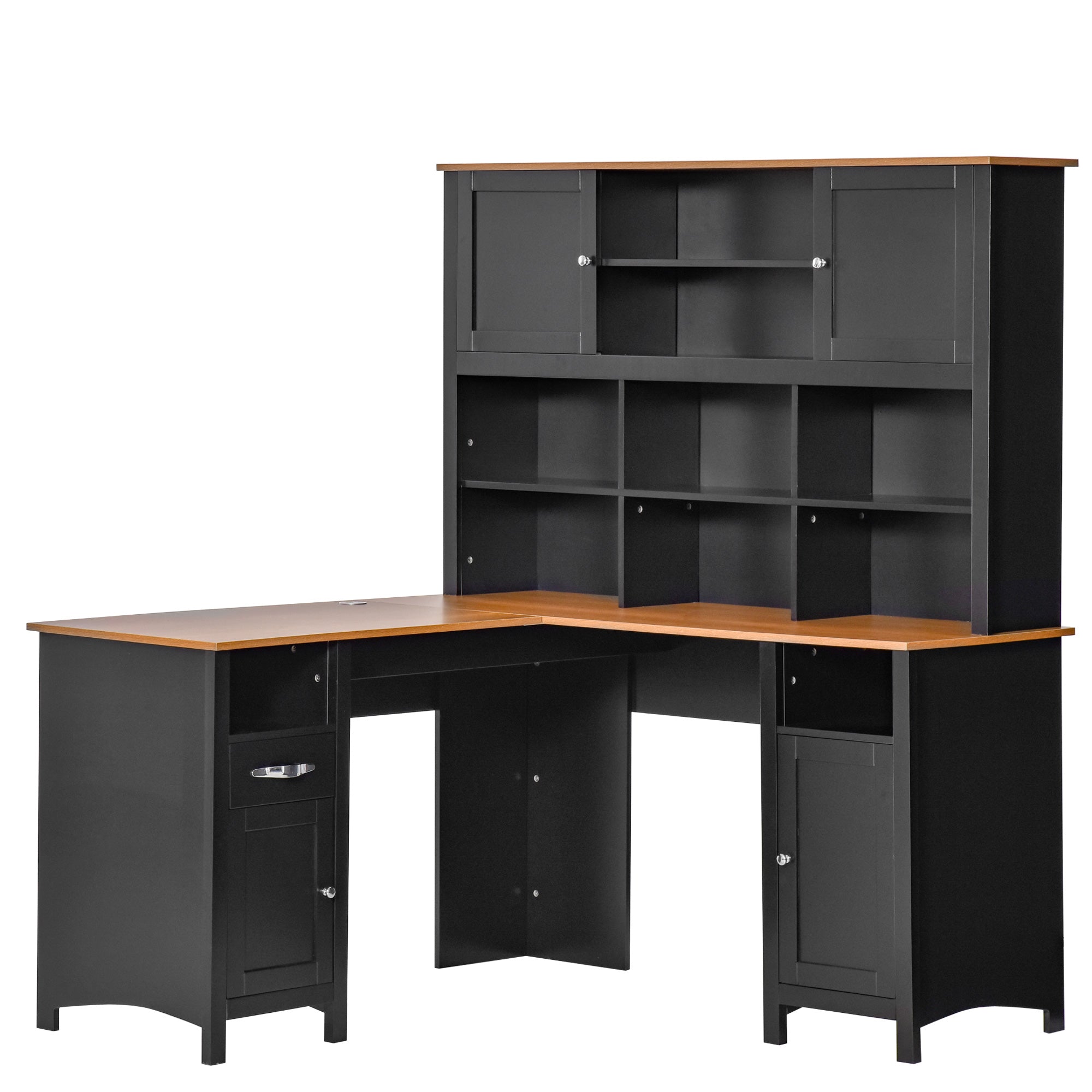 L Shaped Computer Desk with Hutch, 59" Corner Desk, Space Saving Home Office Desk with Storage, Black