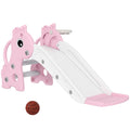 3-in-1 Toddler Slide for Age 1-3, Freestanding Kids Slide with Climber, Basketball Hoop and Ball, Giraffe Design, Pink