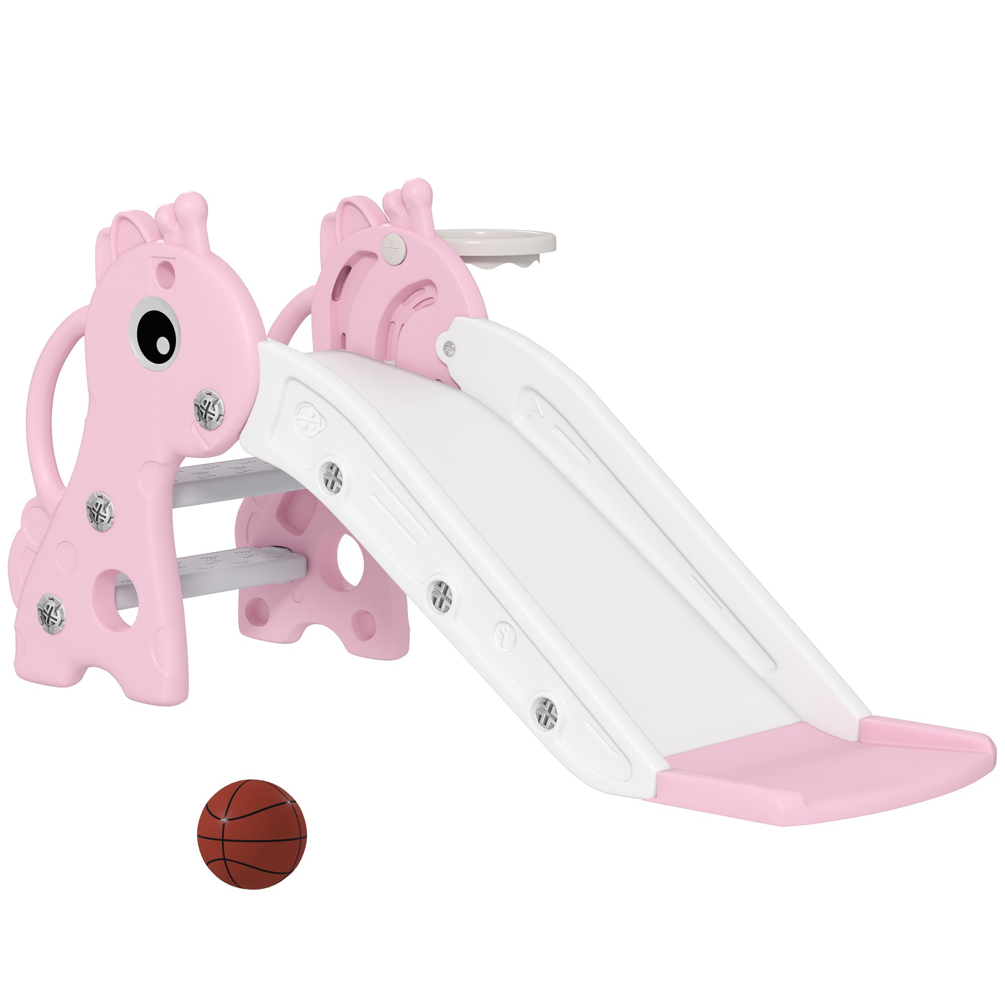 3-in-1 Toddler Slide for Age 1-3, Freestanding Kids Slide with Climber, Basketball Hoop and Ball, Giraffe Design, Pink