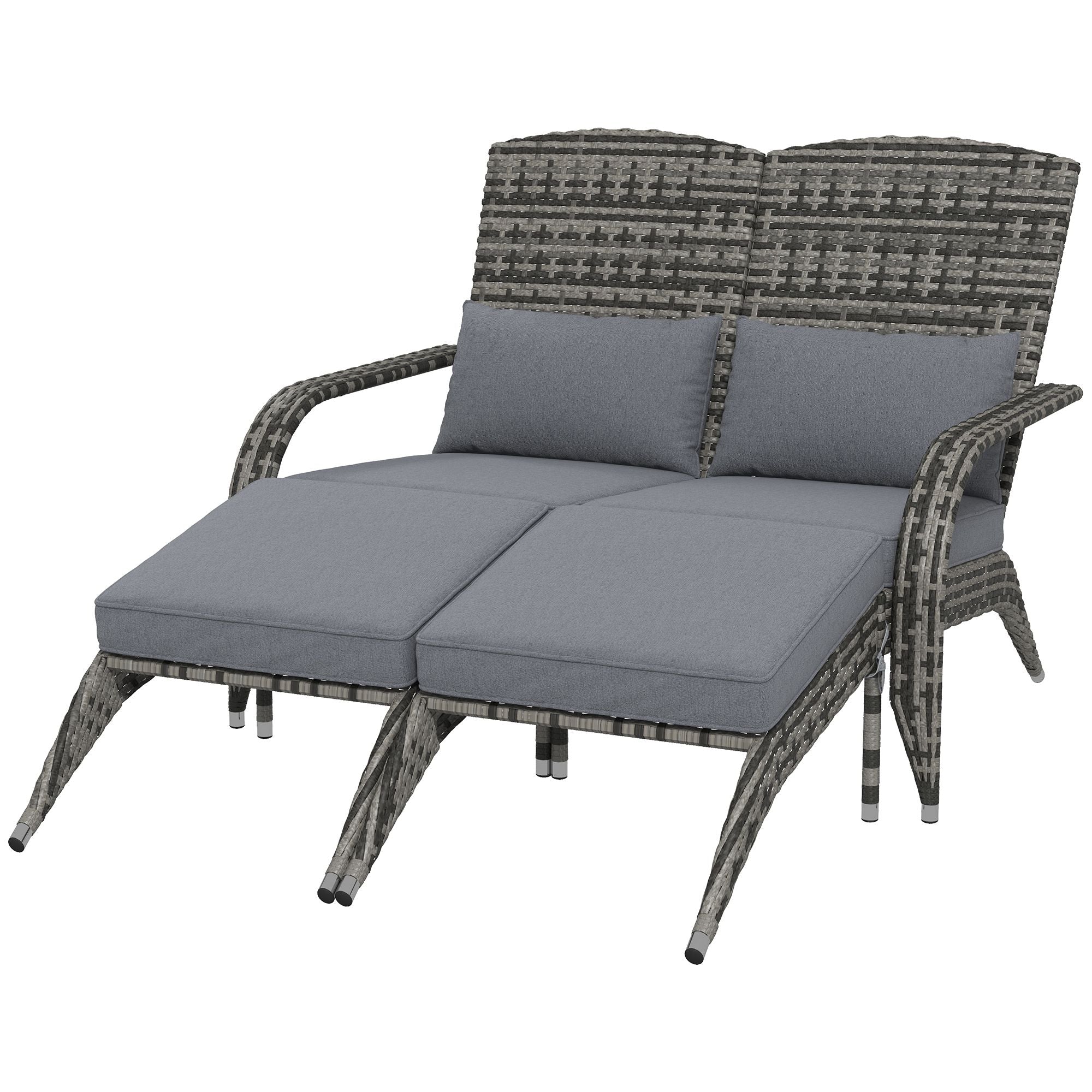 Wicker Adirondack Chair for 2 with Cushions & Footrests, PE Rattan Double Chaise Lounge Chair, Fire Pit Chair for Porch with High-back, Wide Armrests, Mixed Gray