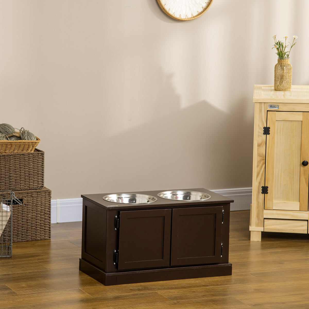 Elevated Dog Bowls with Storage, Two Stainless Steel Bowls for Large Dogs, Coffee
