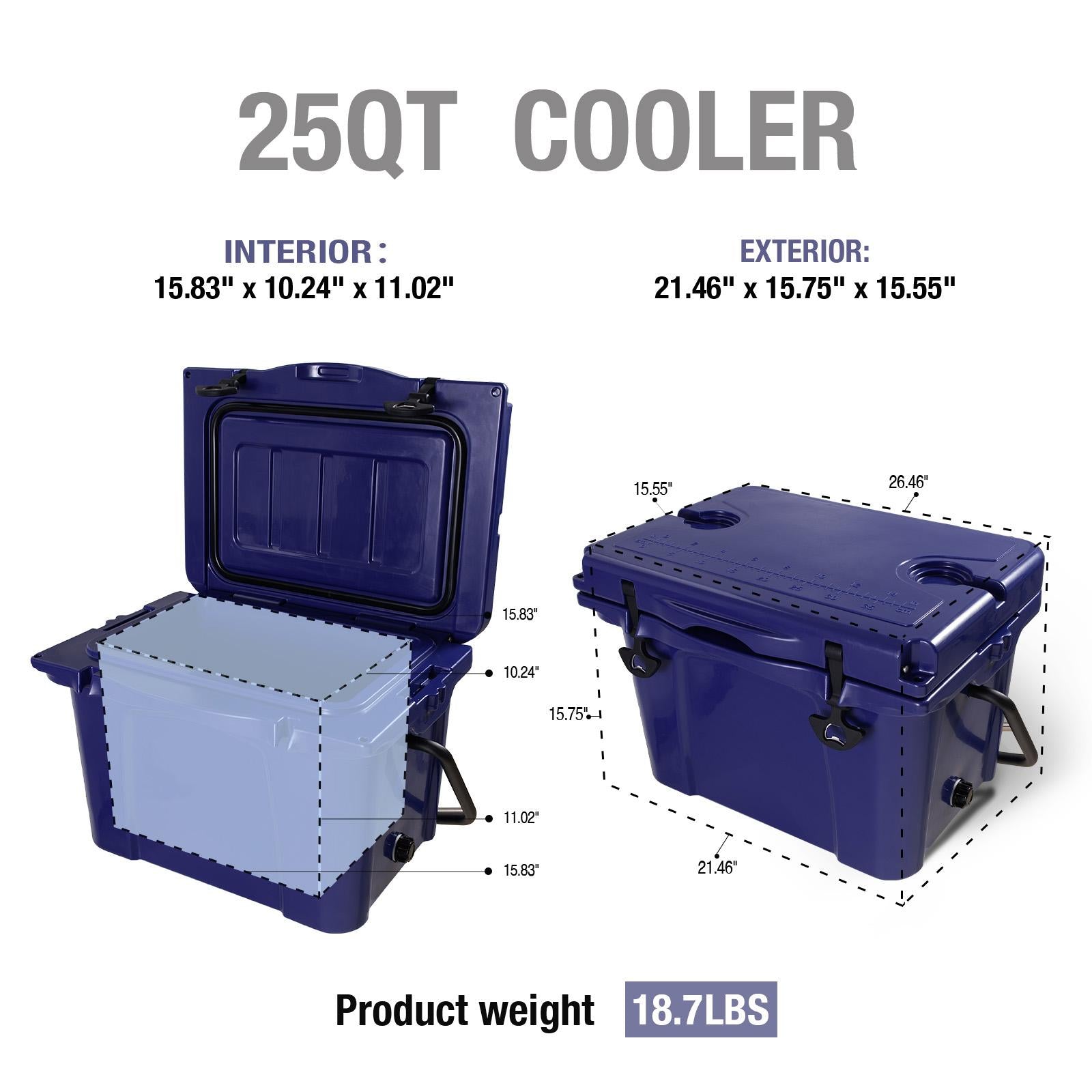 Insulated Portable Hard Cooler with Impact-Resistant Construction, Outdoor Ice Chest for Extended Travel, 21.5″ L x 15.5″ W x 15.5″ H, Blue
