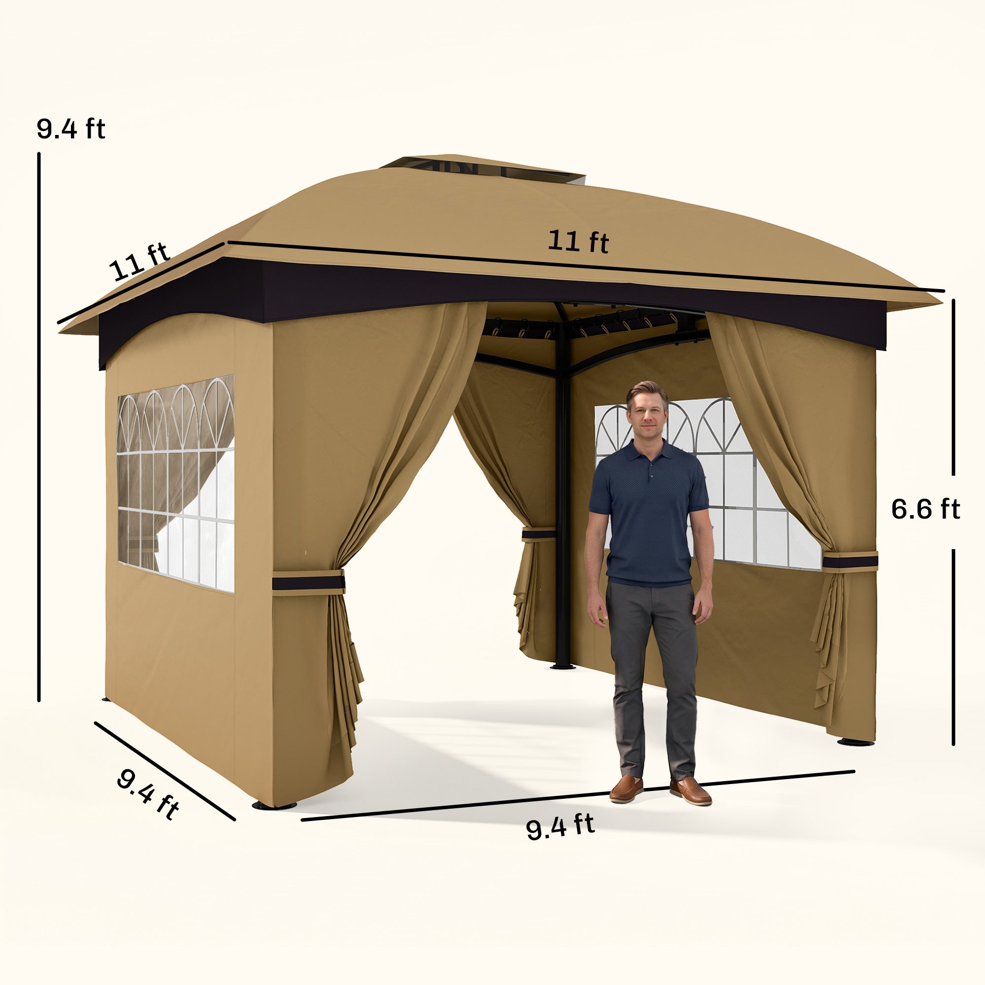 11' x 11' Outdoor Gazebo, Double Roof Patio Gazebo with Curtains, Church Windows, Galvanized Steel Frame, Beige