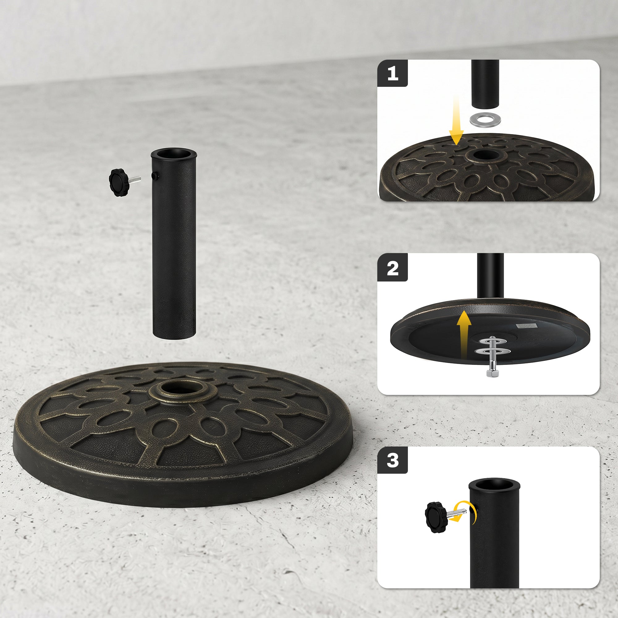 18" 26 lbs Round Resin Umbrella Base Stand Market Parasol Holder with Beautiful Decorative Pattern & Easy Setup, for Φ1.5", Φ1.89" Pole, for Lawn, Deck, Backyard, Garden, Bronze
