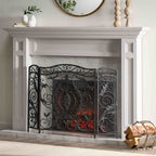 Retro style Fireplace Screen with Ornate Floral Iron Design and Three-Panel, No Assembly Required, 53.5" L x 2" W x 36.5" H, Black+Silver