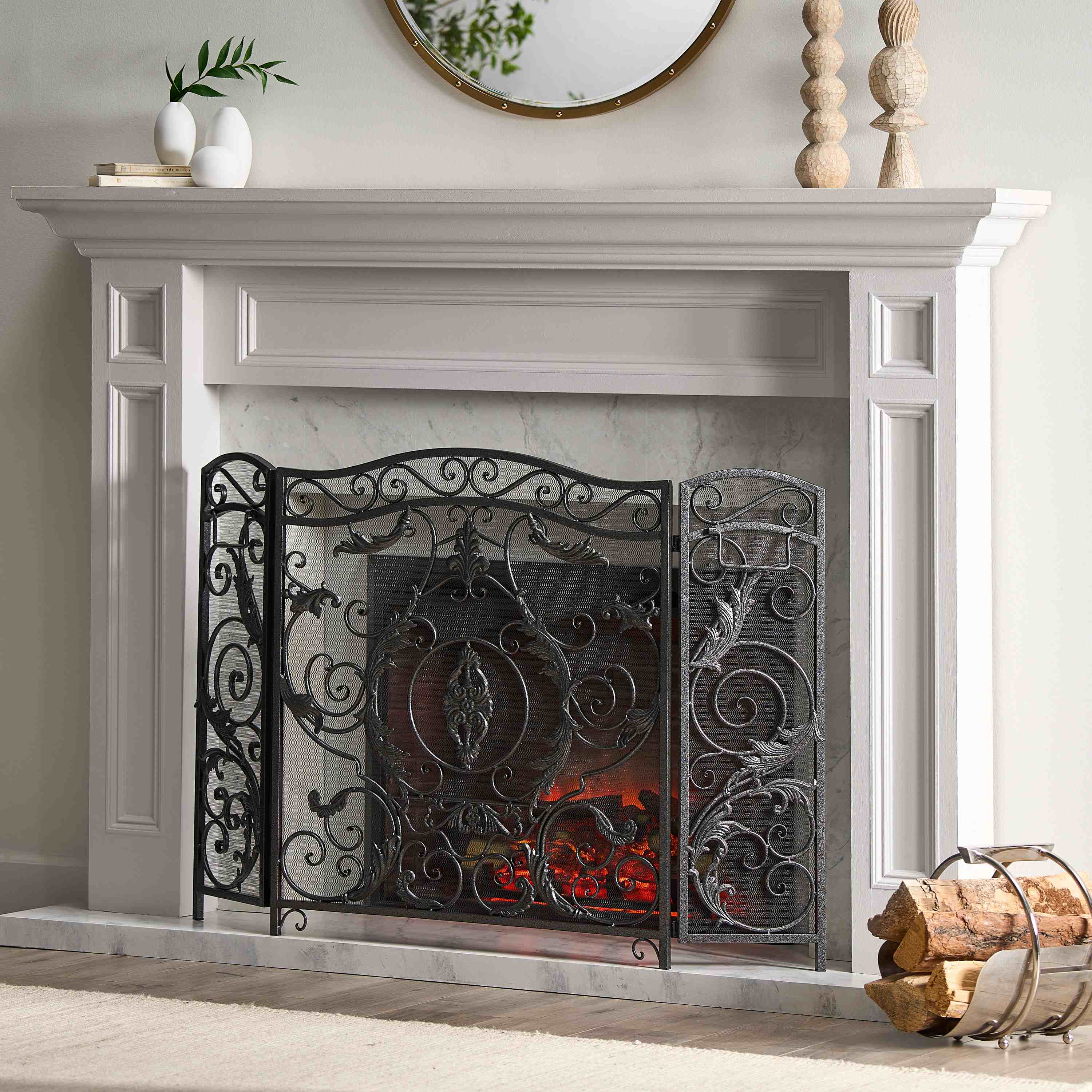 Retro style Fireplace Screen with Ornate Floral Iron Design and Three-Panel, No Assembly Required, 53.5" L x 2" W x 36.5" H, Black+Silver