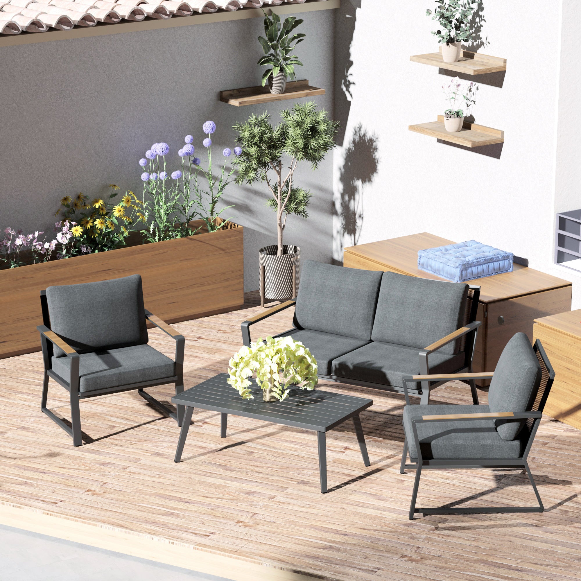 4 Piece Patio Furniture Set, Aluminum Conversation Set, Outdoor Garden Sofa Set with Armchairs, Loveseat, Center Coffee Table and Cushions, Dark Grey