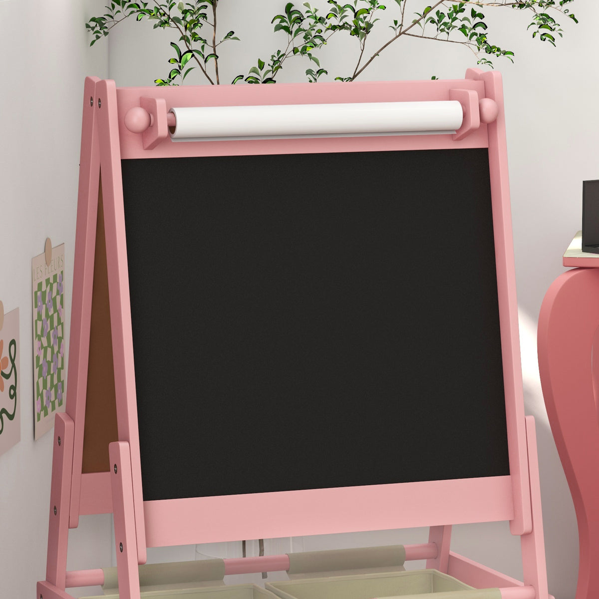 Art Easel for Kids with Paper Roll, Blackboard, Whiteboard, Storage, Pink
