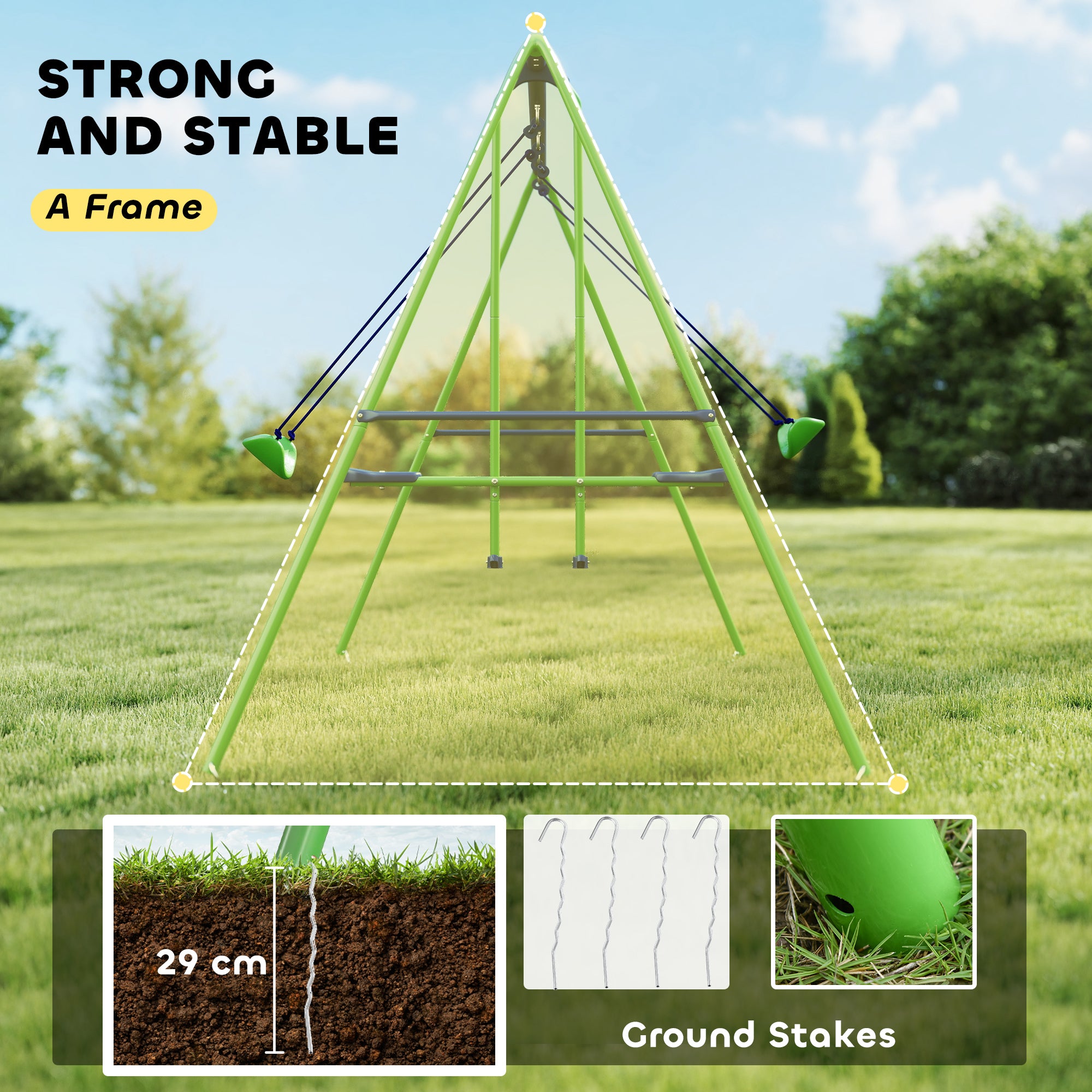 Metal Swing Set with Glider, Two Swing Seats and Adjustable Height, Outdoor Heavy Duty A-Frame Suitable for Playground, Backyard, Green