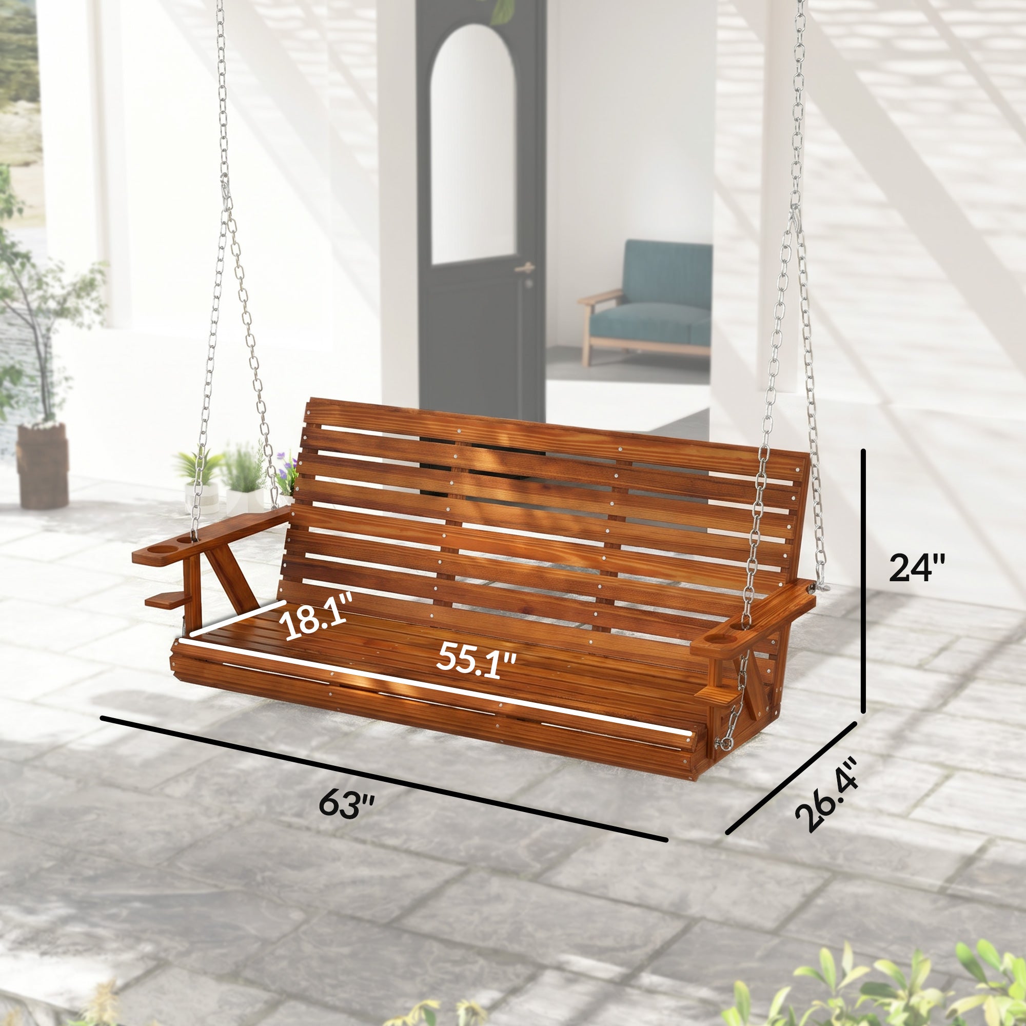 3-Seater Swing Bench, Wooden Porch Swing with Cupholders, Hanging Chains for Patio Garden, Carbonized