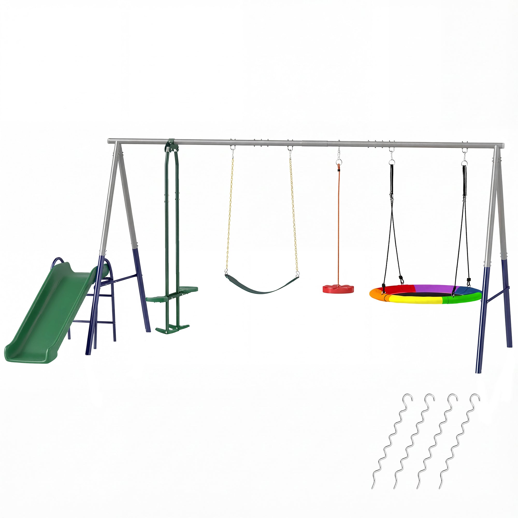 5-in-1 Kids Swing Set with Slide, Swings and Glider for Backyard, 770lbs Capacity, for Ages 3-8, Mixed Color