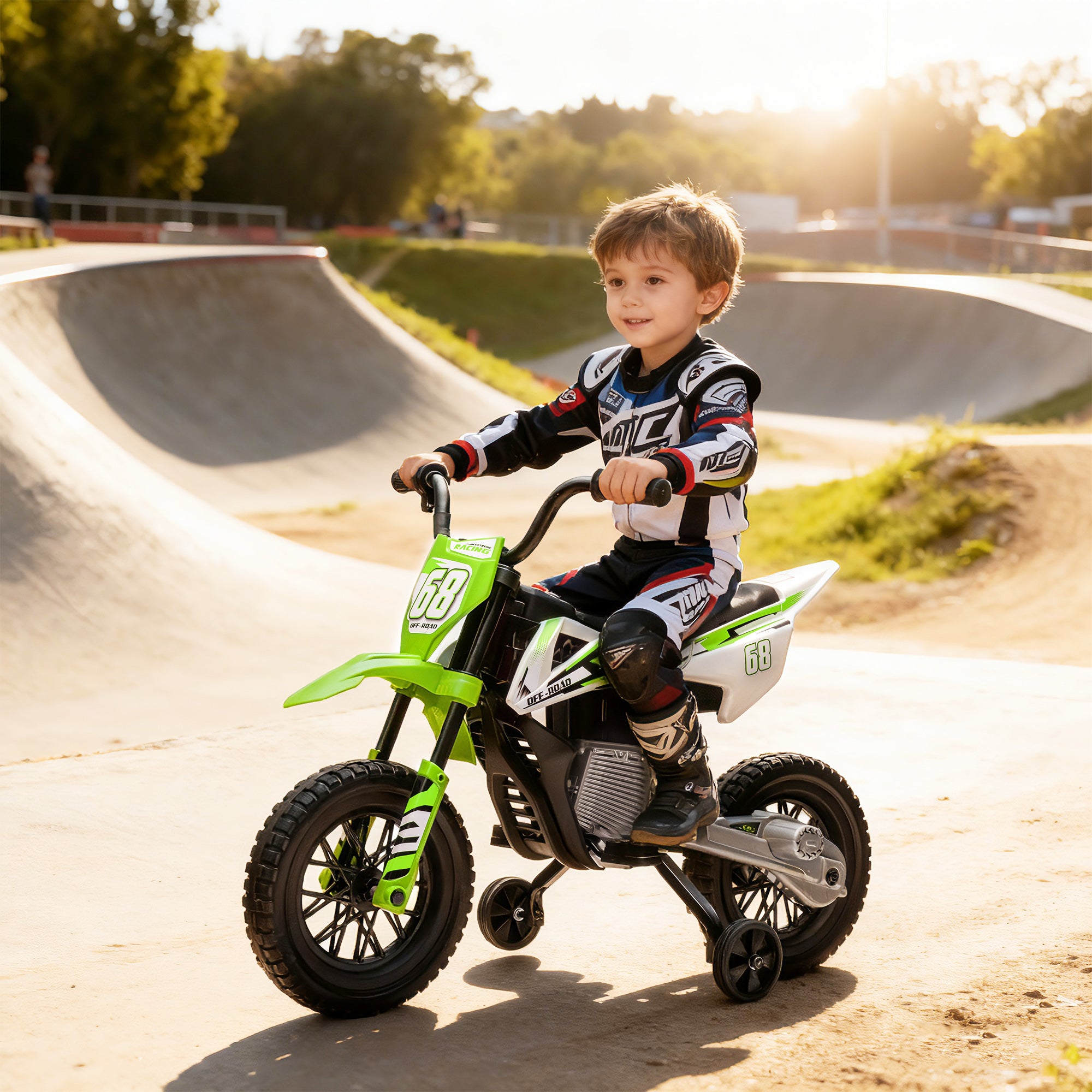 12V Kids Electric Motorcycle w/ Twist Grip Throttle, Training Wheels, Rear Suspension & Music, Green