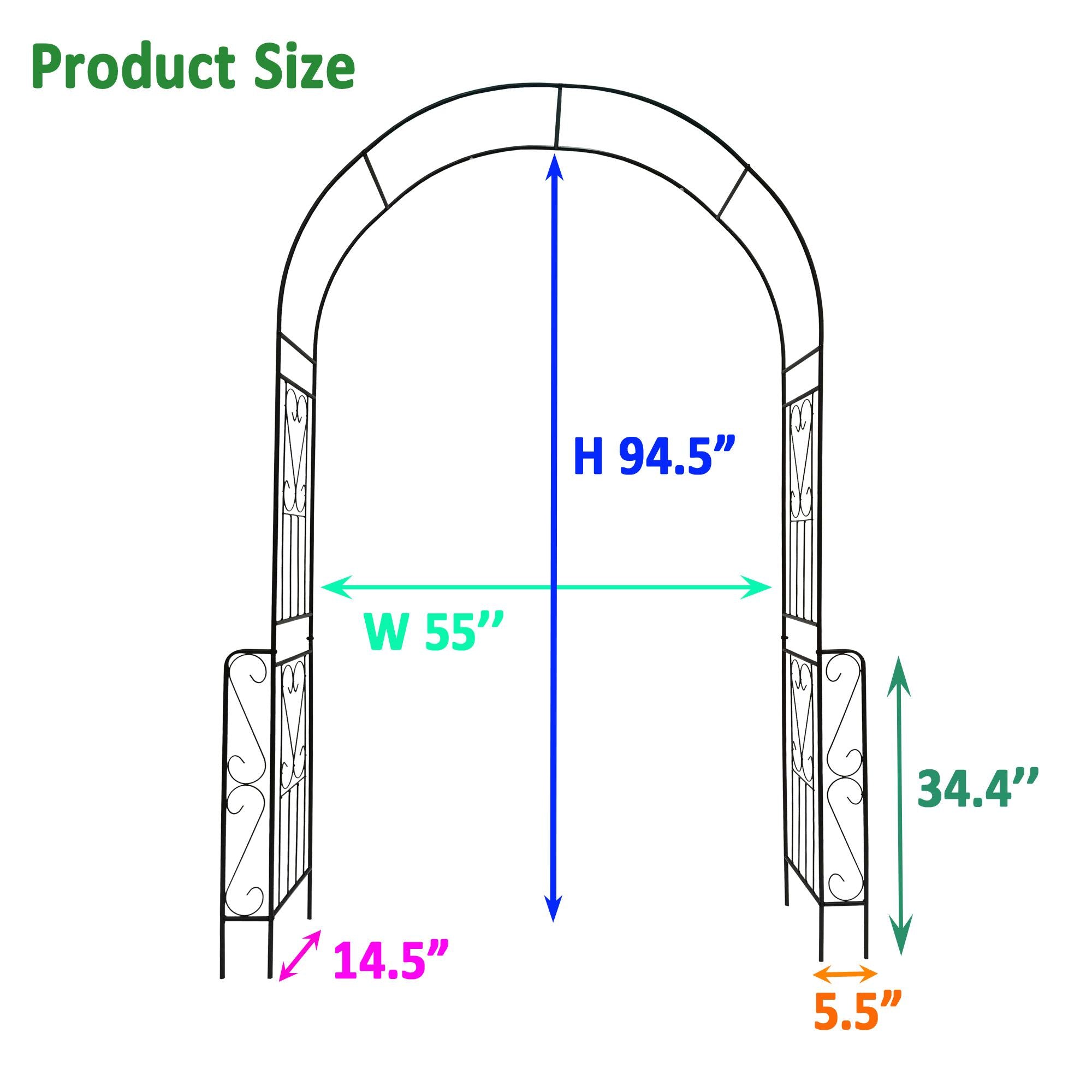 Metal Garden Arch Trellis with Anti-Rust Coated Iron, Easy Assembled Climbing Plant Support, 55" L x 14.5" W x 94.5" H, Black