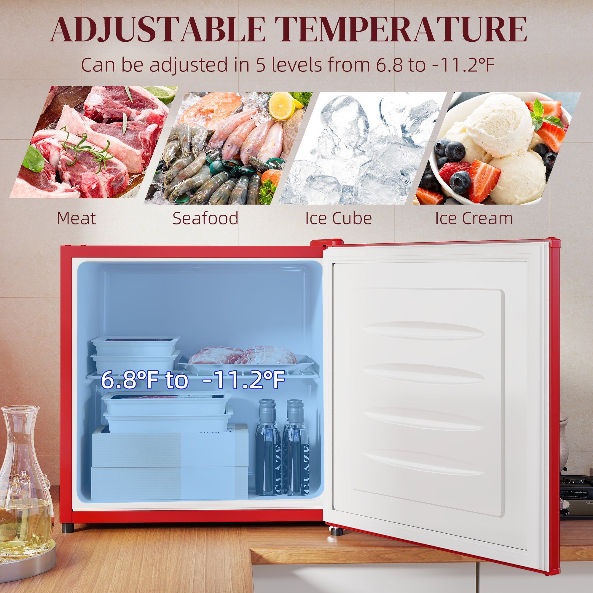 1.1 Cu.Ft Countertop Mini Freezer, Compact Upright Freezer with Removable Shelves, Red