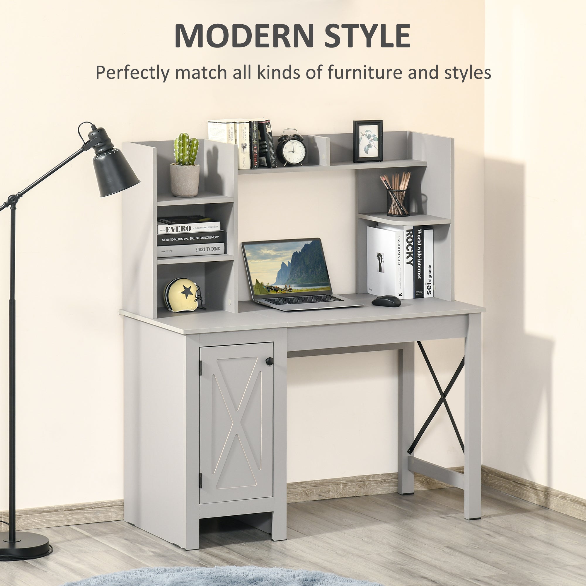 Computer Desk W/ Hutch, Home Office Desk W/ Storage Cabinet, Light Grey