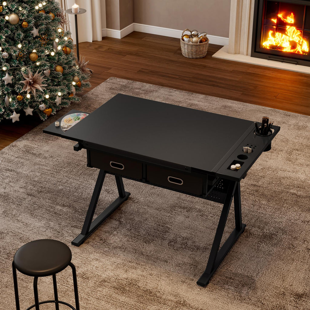 Adjustable Drafting Table Desk with Tilt Top, 2 Large Fabric Drawers, Drawing Desk with Leveling Feet, 38.5" L x 23.5" W x 27" - 36" H, Black