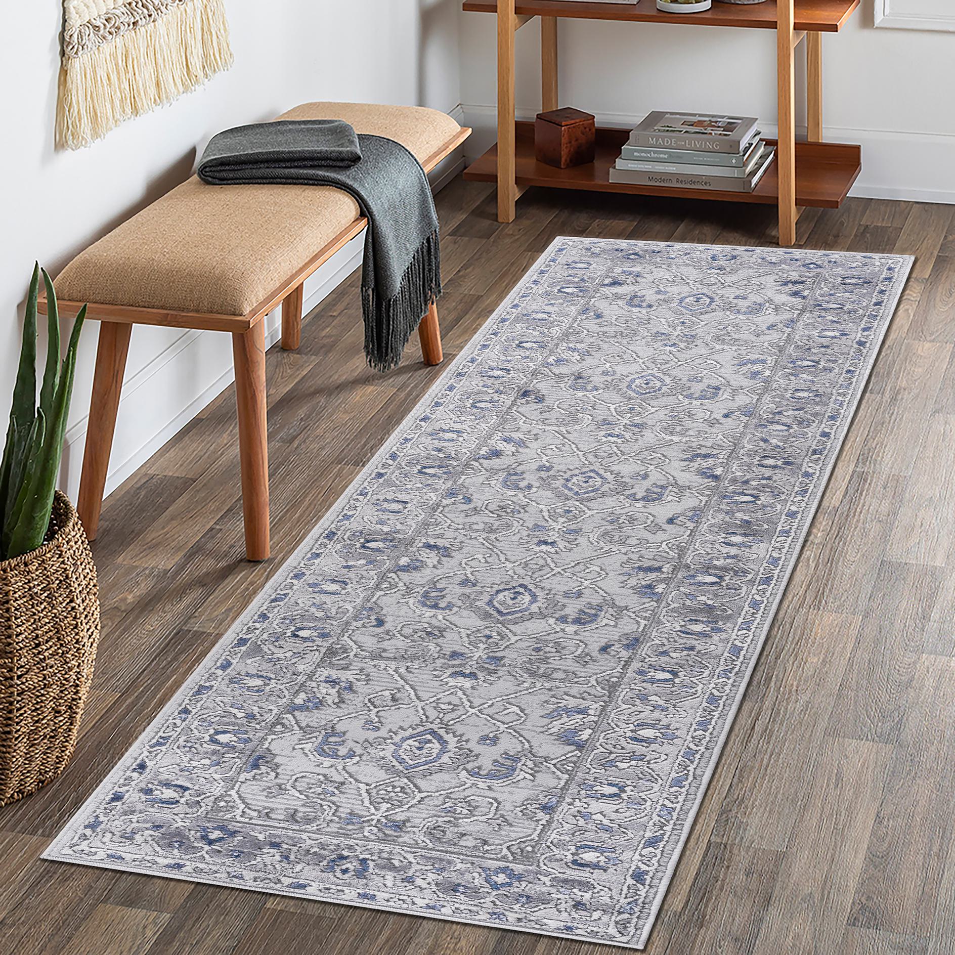 Naar 2x8 Stain-Resistant Area Rug with Cotton Backing, Medium Pile Height, Kid and Pet-Friendly Carpet, 96" L x 26" W x 0.35" H, Gray+Blue