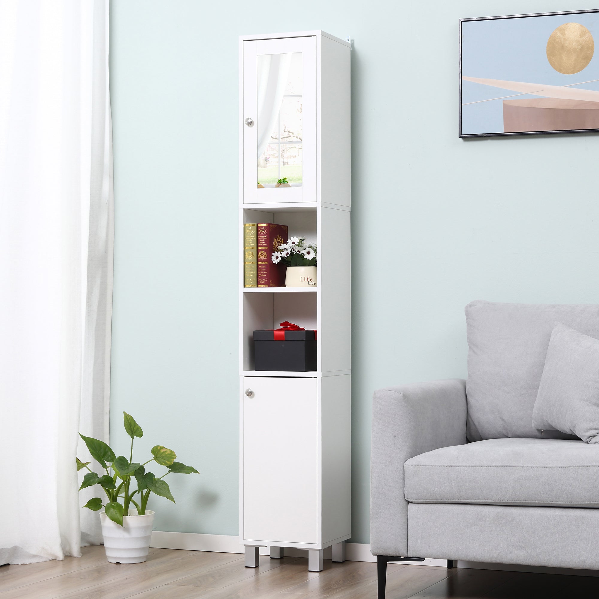 Tall Bathroom Storage Cabinet with Mirror, Wooden Freestanding Tower Cabinet with Adjustable Shelves for Bathroom or Living Room, White