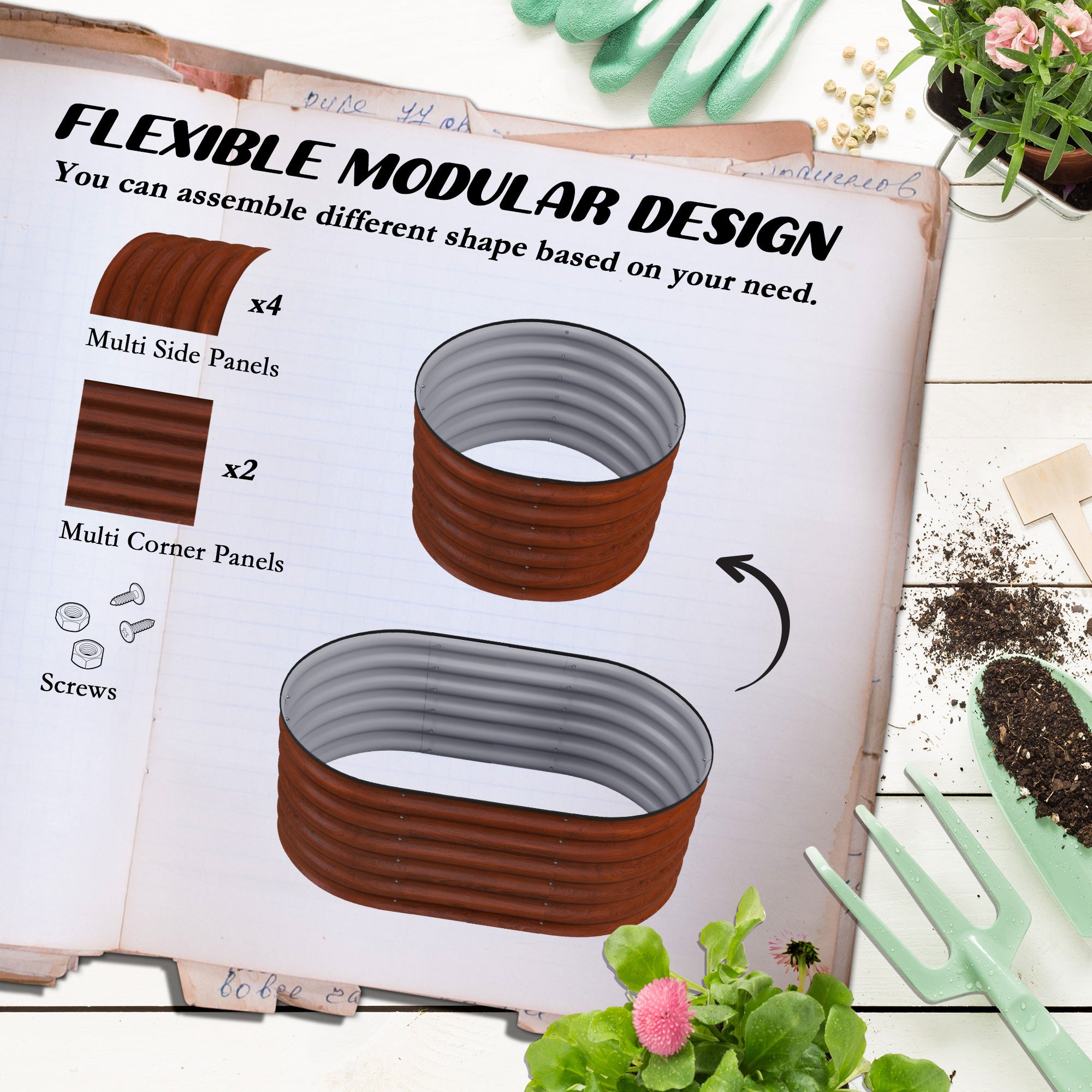 3.4' x 2' x 1.4' Galvanized Raised Garden Bed Kit, Metal Planter Box with Safety Edging, Brown