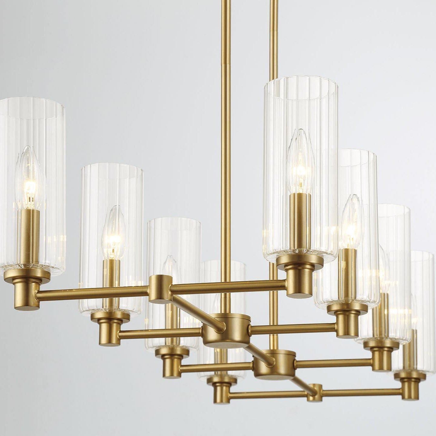 Willow 8-Light Island Pendant Lamp with Clear Ribbed Glass, Satin Brass Finish, 36" L x 15" W x 9" H, Antique Brass+Clear