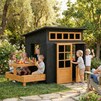 Outdoor Playhouse, Wooden Kids Playhouse w/ Picnic Table & Benches, Chalkboards, Half Door, Windows, for Kids Ages 3-8