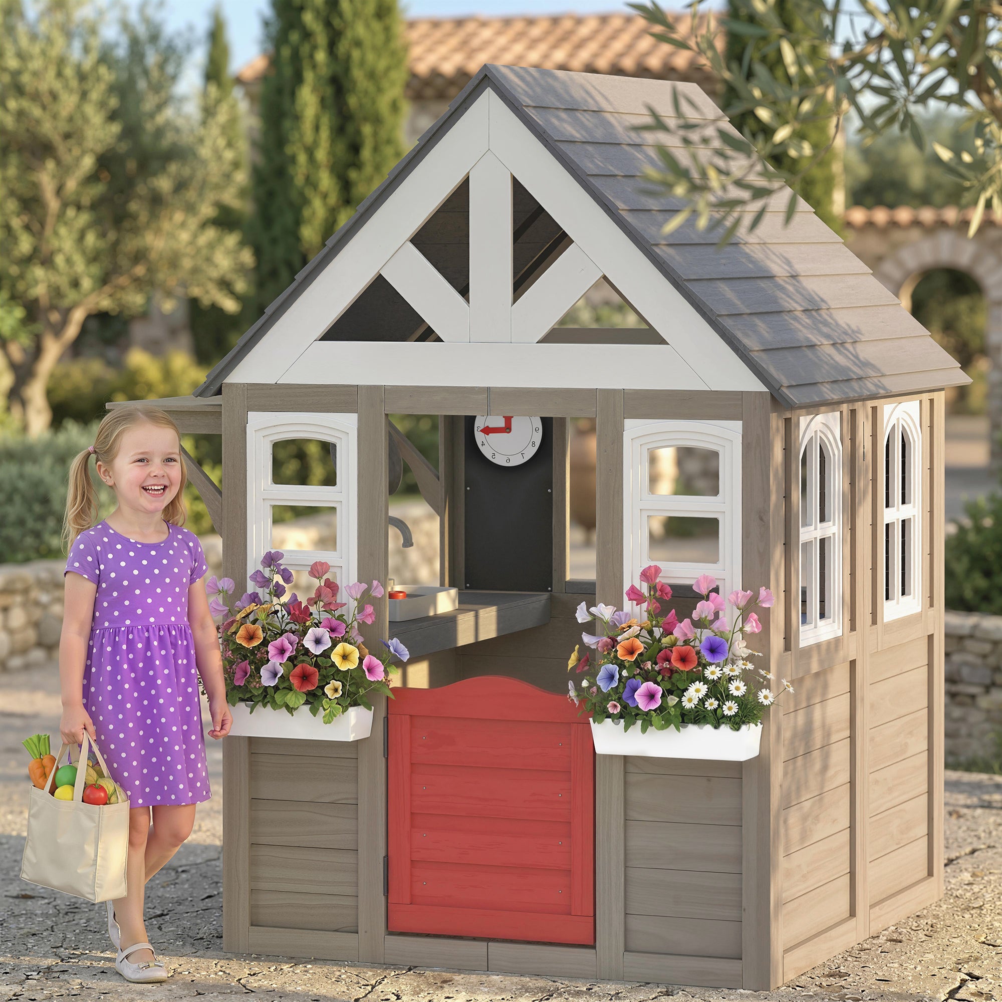 Outdoor Playhouse, Wooden Kids Playhouse with Dog Door, Flower Box, Cookware & Window for Garden Ages 2+, Gray