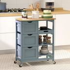 Rolling Kitchen Cart, Kitchen Island with Wood Top, Shelves & Drawers for Dining Area, Gray
