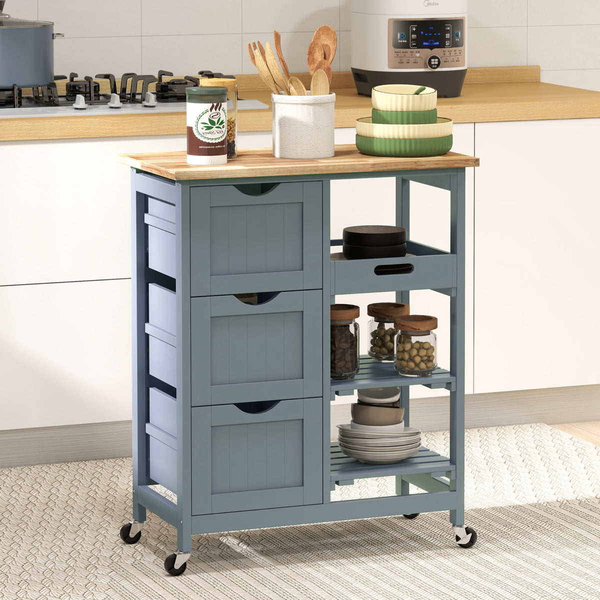Rolling Kitchen Cart, Kitchen Island with Wood Top, Shelves & Drawers for Dining Area, Gray