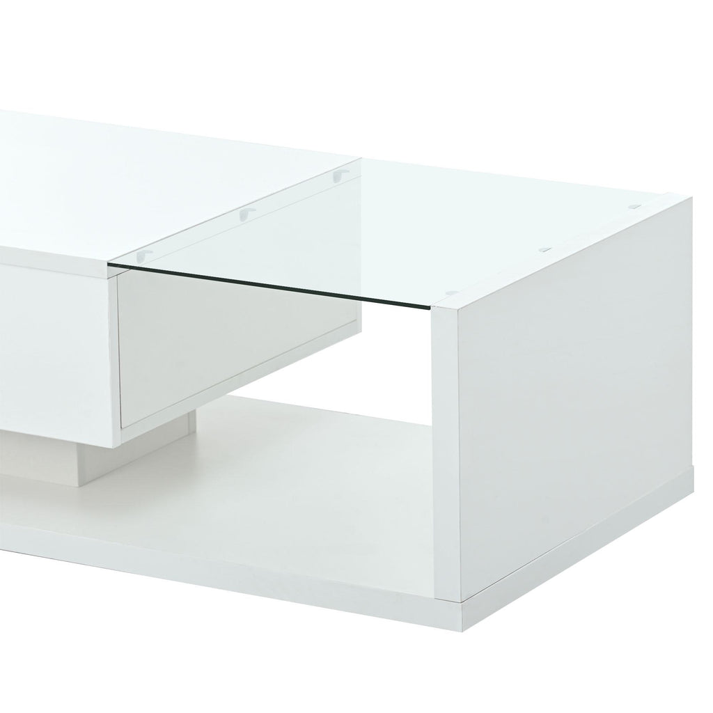 Modern Coffee Table with Tempered Glass, Wooden Cocktail Table with High-Gloss UV Surface, 2-Tier Rectangle Center Table for Living Room, White