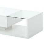 Modern Coffee Table with Tempered Glass, Wooden Cocktail Table with High-Gloss UV Surface, 2-Tier Rectangle Center Table for Living Room, White
