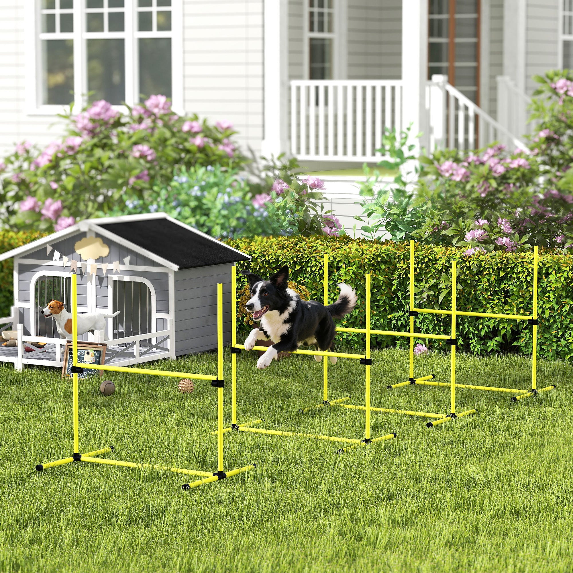 4 Piece Dog Agility Set with Adjustable Height Jump Bars, Carry Bag, Displacing Top Bar, Yellow Yellow
