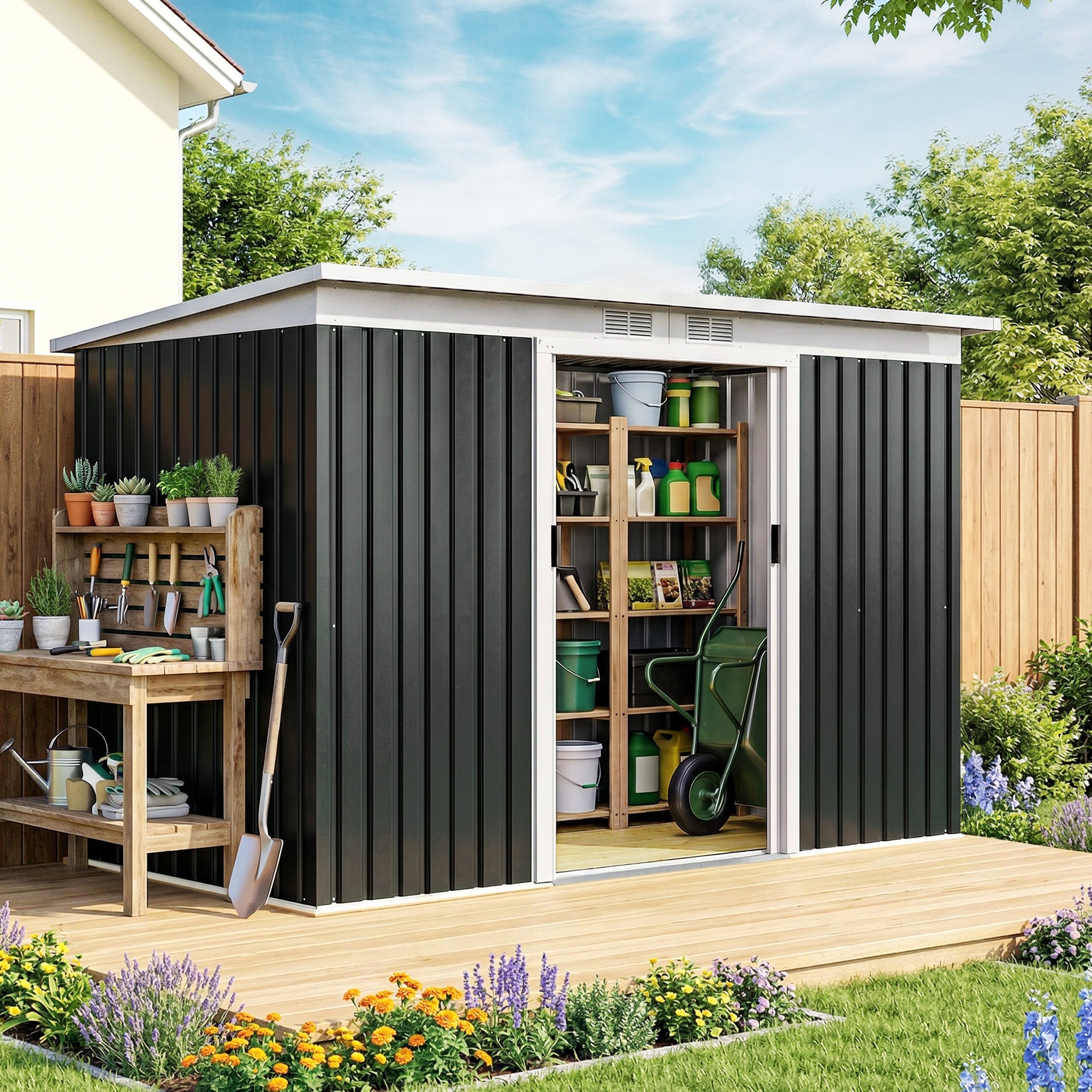 9' x 4' Metal Outdoor Storage Shed, Tool House with Double Lockable Doors for Backyard, Patio, Lawn, Garage, Dark Gray