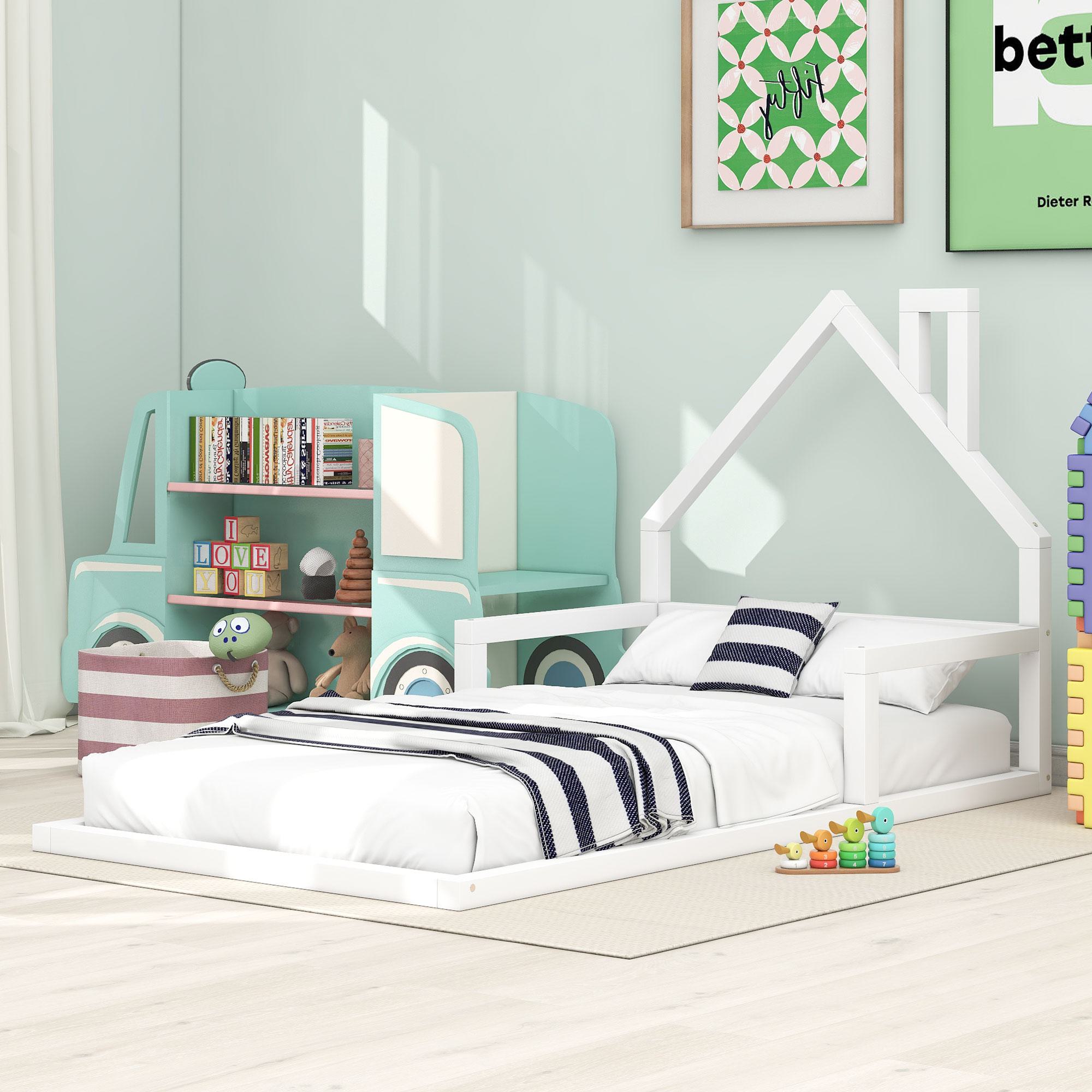 Twin Size Wood Floor Bed with House-Shaped Headboard, Sturdy Wood Construction, No Box Spring Needed, 78" L x 41.5" W x 39" H, White