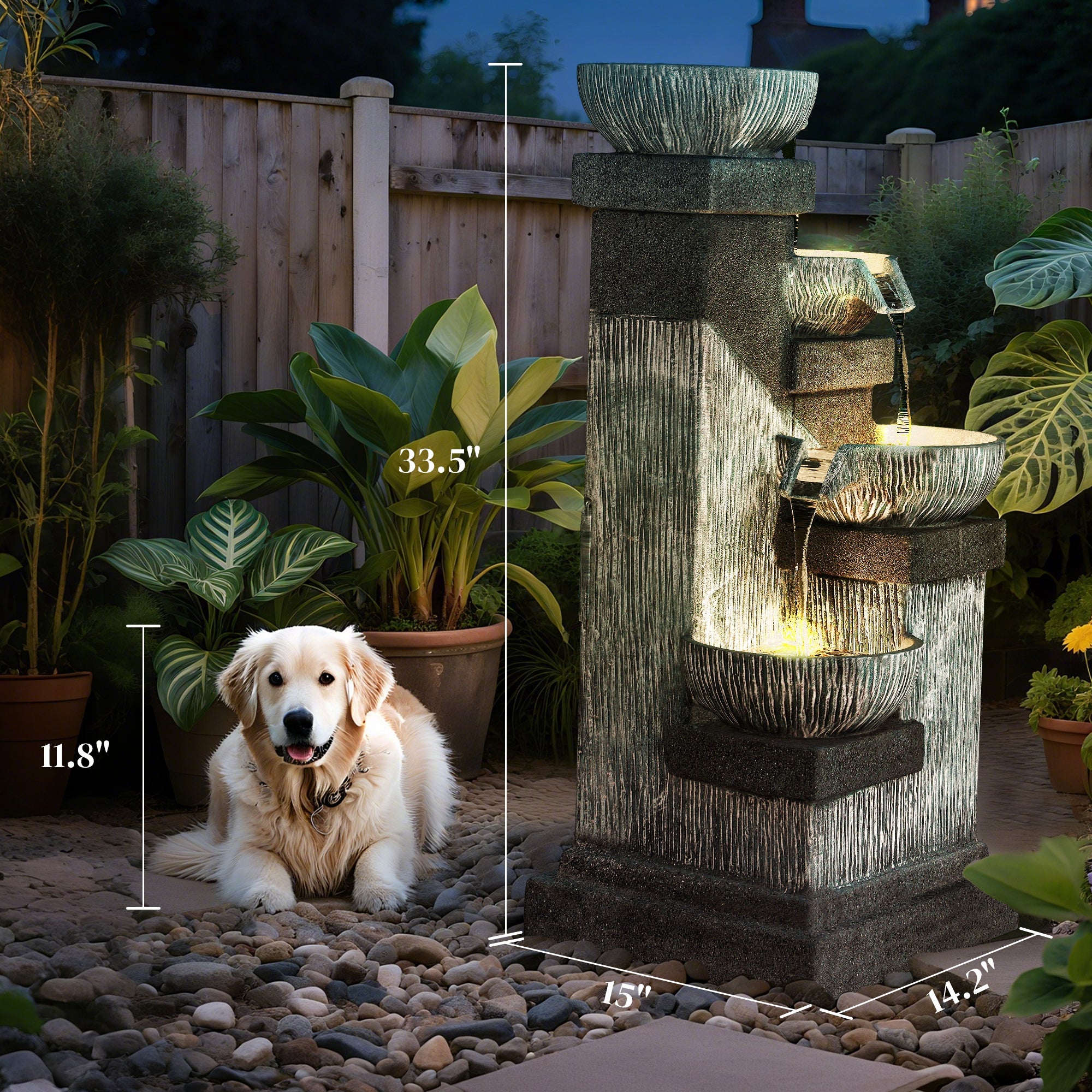 33.5" Water Fountain, 4-Tier Resin Cascading Bowls Outdoor Waterfall Fountain with LED Lights, Pump