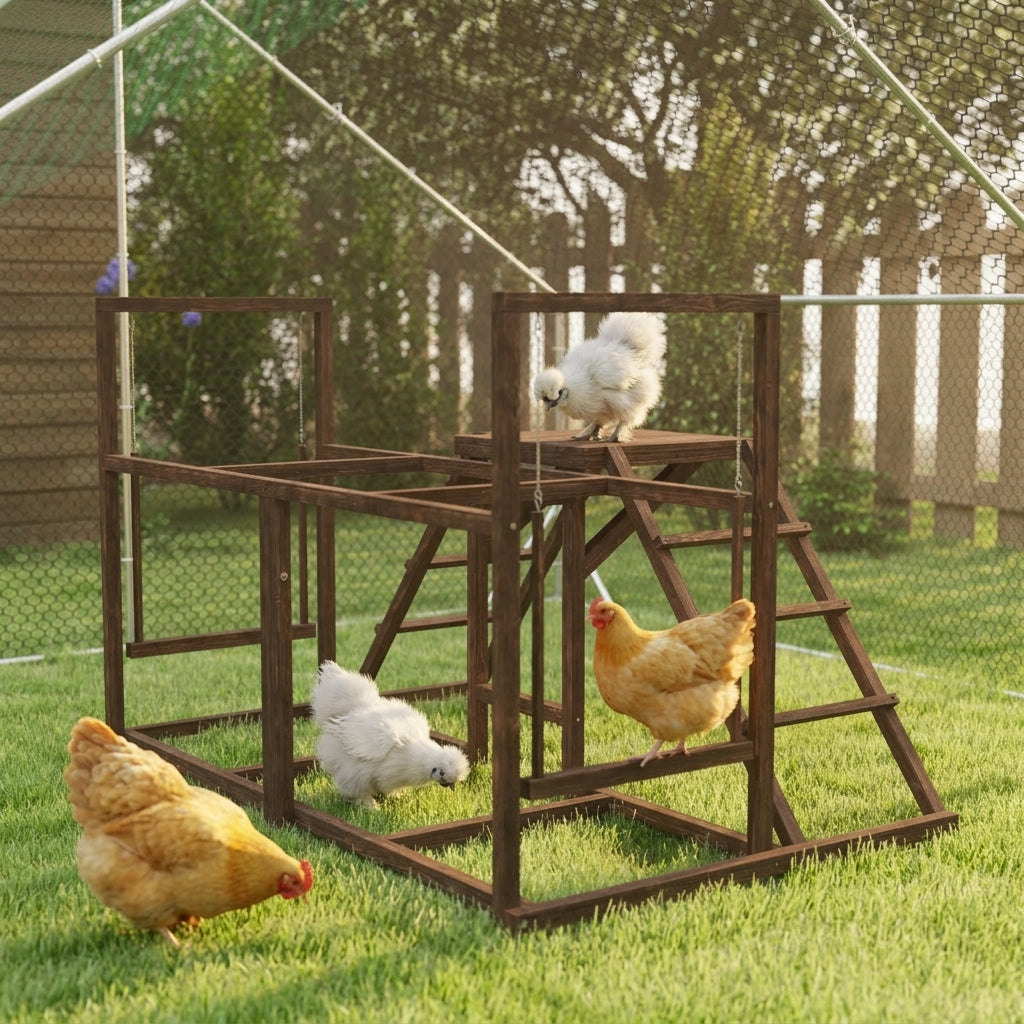 Chicken Activity Play Set with Multiple Chicken Perches, Swing, Ladder, Platform for 3-4 Chickens, Coffee