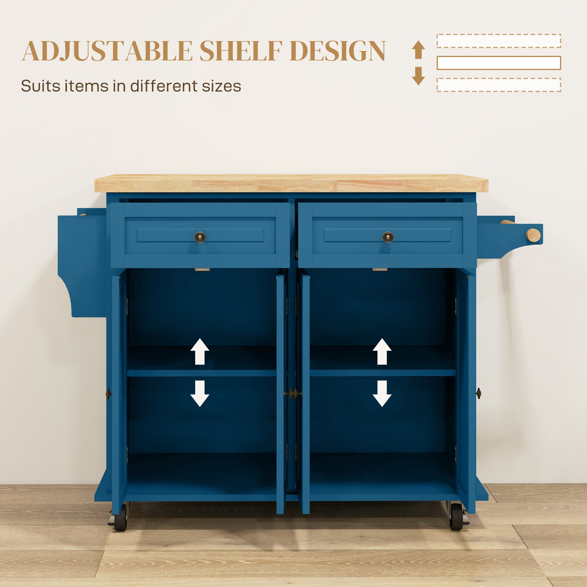 Kitchen Island on Wheels, Rolling Cart with Rubberwood Top, Spice Rack, Towel Rack and Drawers, Turquoise