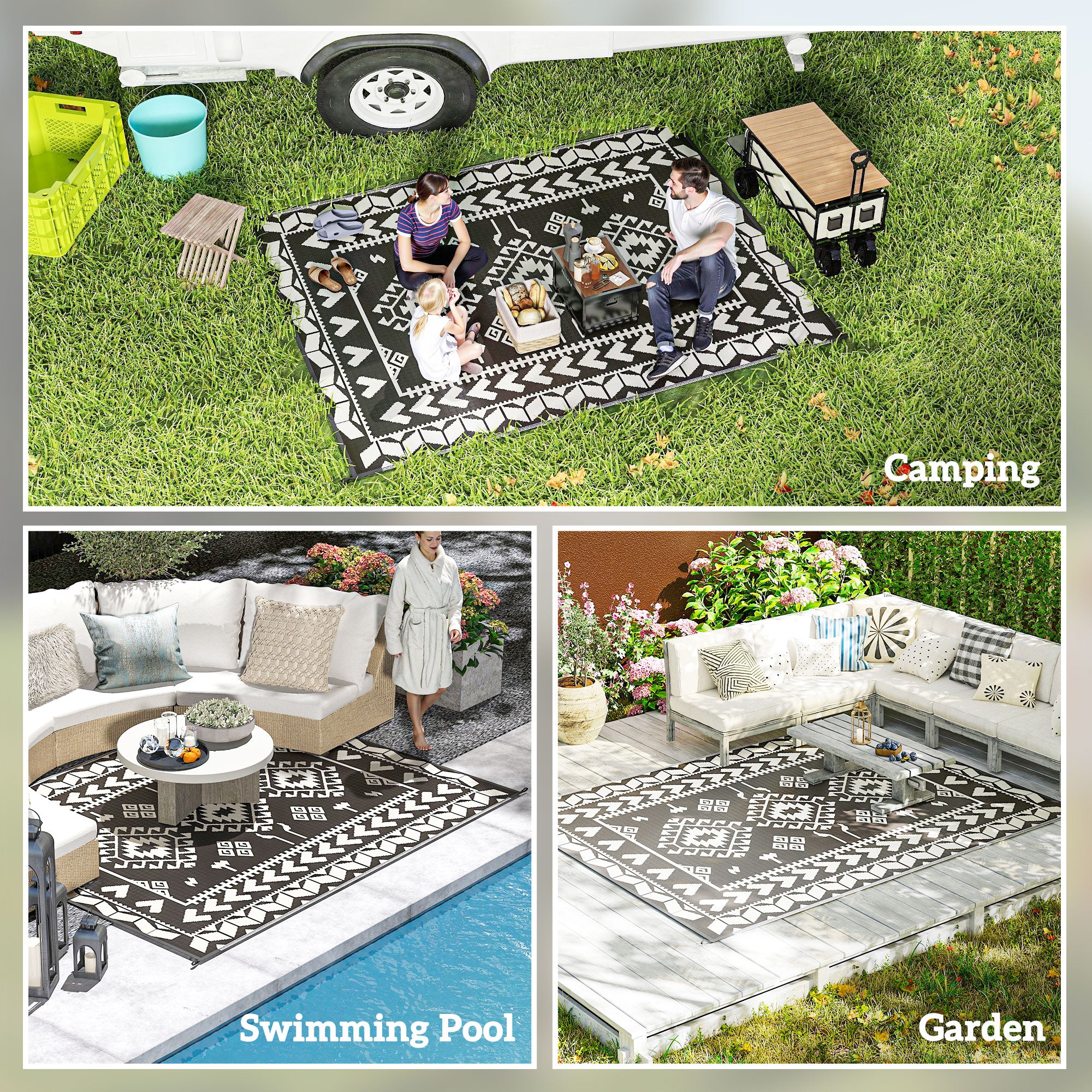 Reversible Outdoor Rug, Waterproof Plastic Straw with Carry Bag, 8' x 10', Black & White Rhombus Patchwork