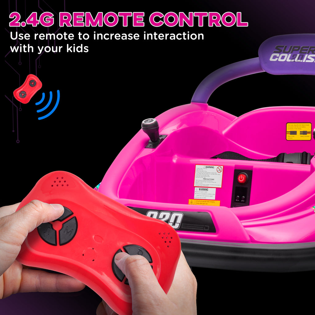 12V Kids Bumper Car Twins Motor with Parent Remote Control, Safety Belt, Lights, 360° Rotation, Pink