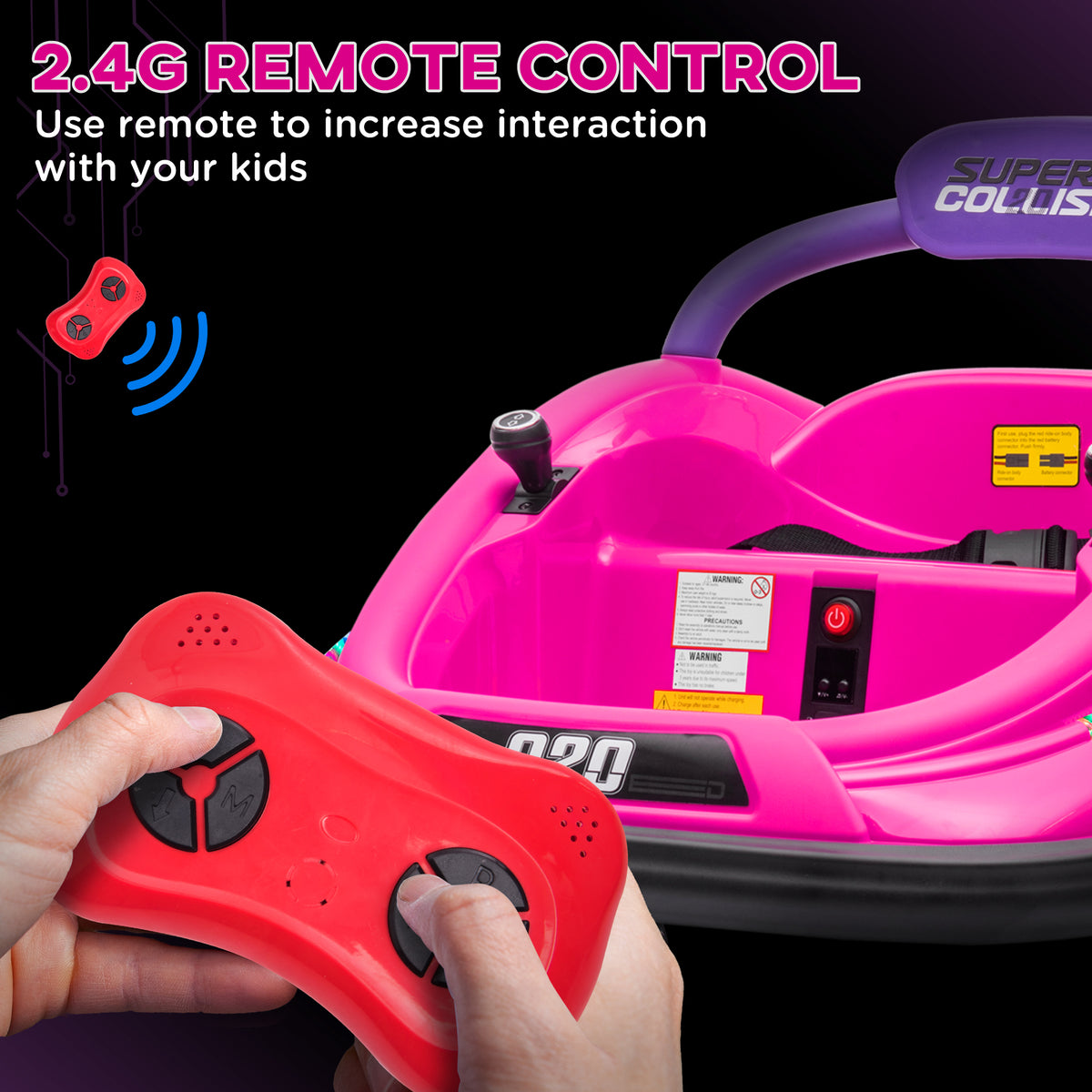 12V Kids Bumper Car Twins Motor with Parent Remote Control, Safety Belt, Lights, 360° Rotation, Pink