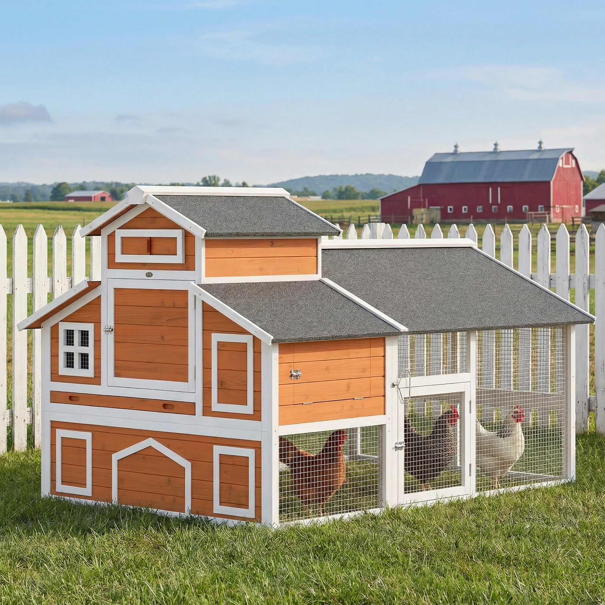 79"L Chicken Coop with Run for 6 Chickens, Wooden Chicken House with Nesting Boxes and Pull-Out Tray