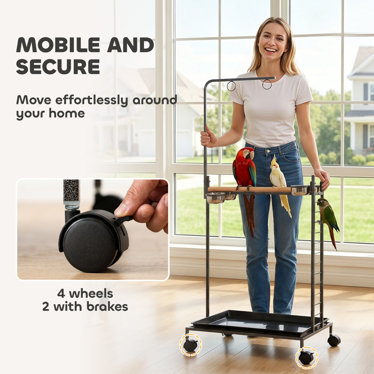 Bird Stand with Wheels Parrot Stand with Slide-out Tray Stainless Steel Bowls for Indoor Outdoor Dark Gray