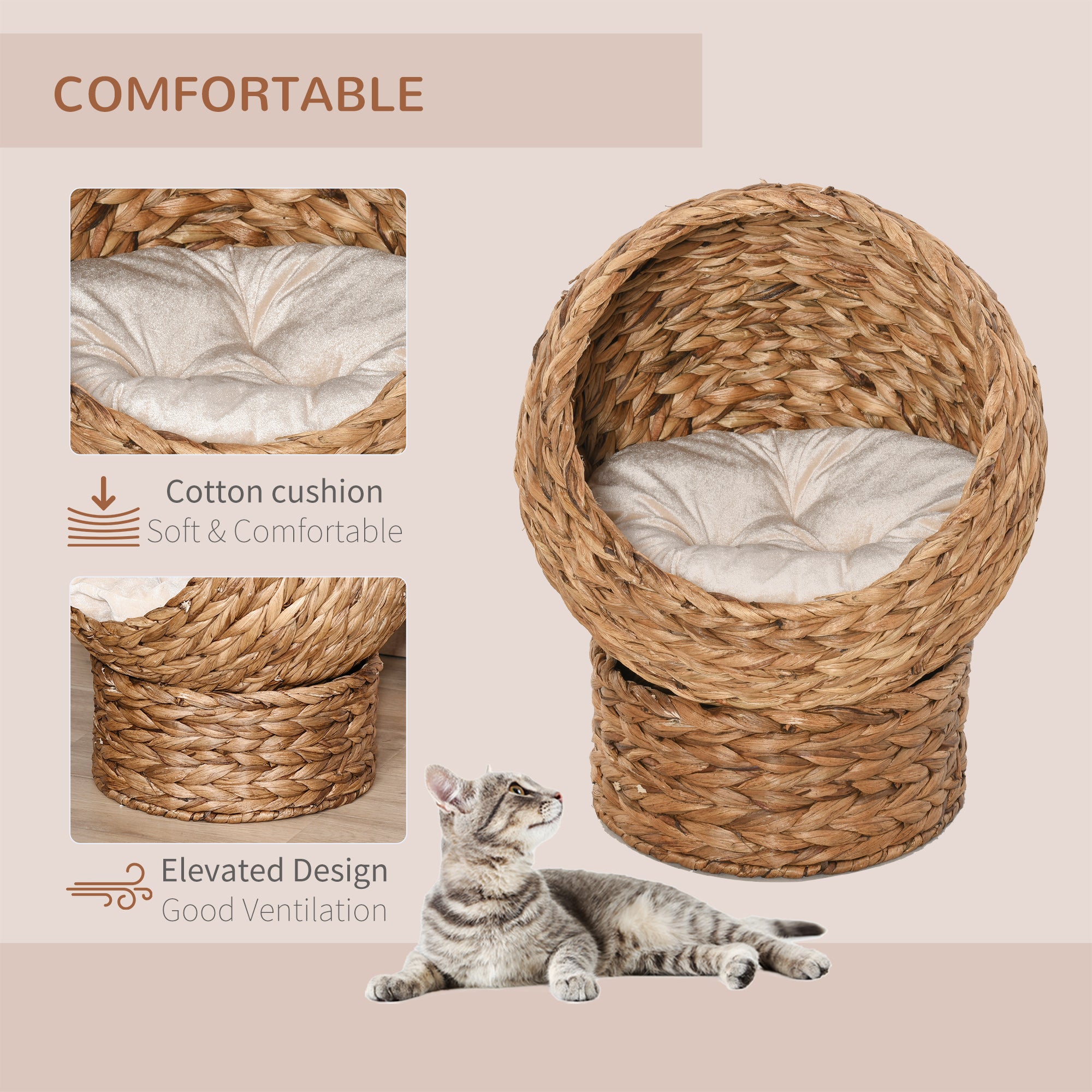 Handwoven Elevated Cat Bed with Soft Cushion & Egg Chair Shape, Basket Bed Kitty House with Stand, Raised Wicker House for Indoor Cats, 23.5" H, Light Brown