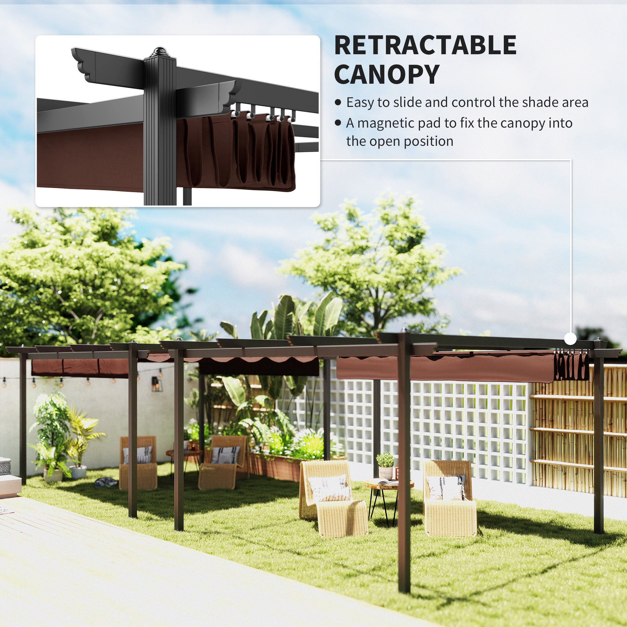 13' x 13' Aluminum Retractable Pergola Canopy, Outdoor Pergola for Garden, Patio, Backyard, Deck, Brown