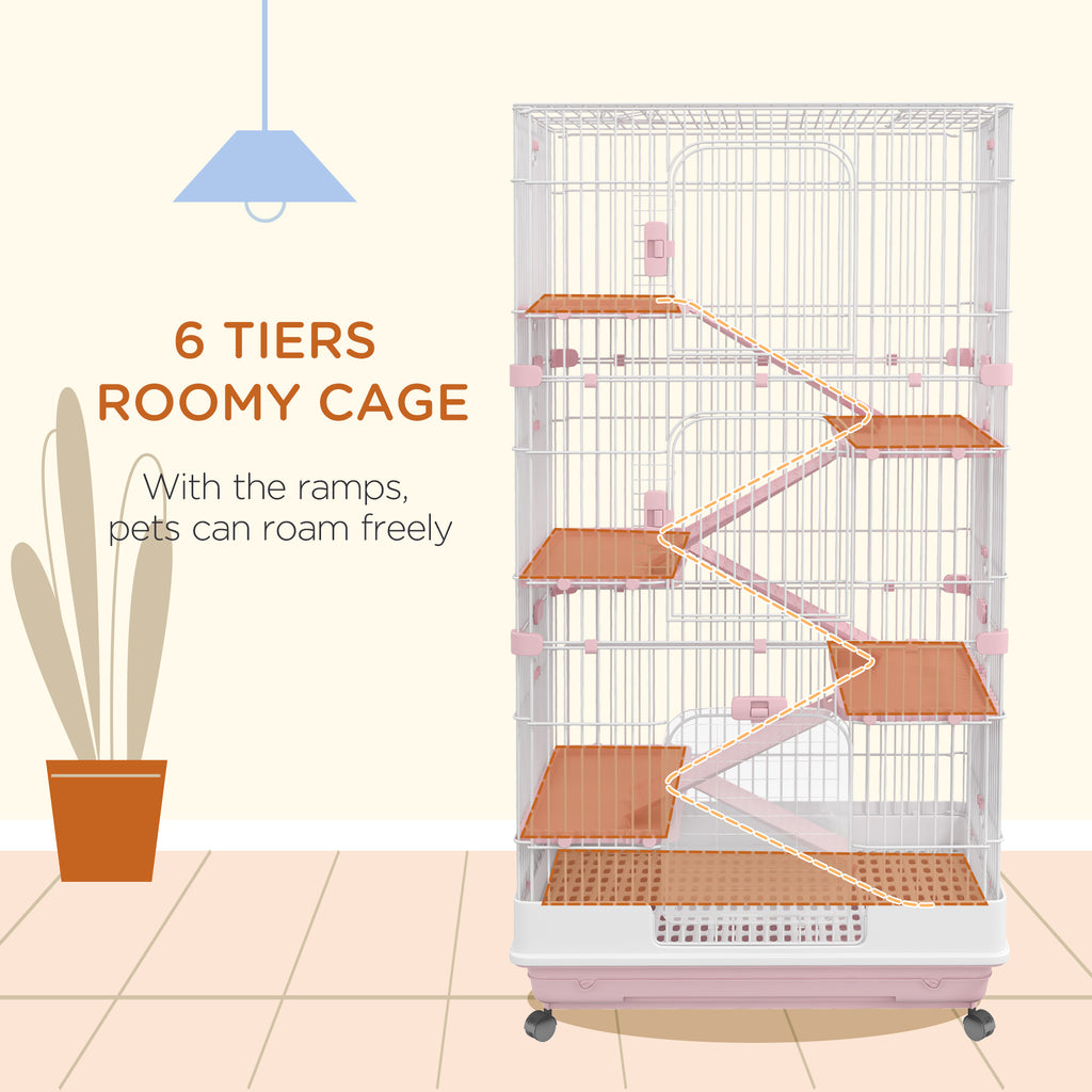 32"L 6-Level Small Animal Cage Rabbit Hutch with Universal Lockable Wheels, Slide-out Tray for Bunny, Chinchillas, Ferret, Pink