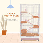 32"L 6-Level Small Animal Cage Rabbit Hutch with Universal Lockable Wheels, Slide-out Tray for Bunny, Chinchillas, Ferret, Pink