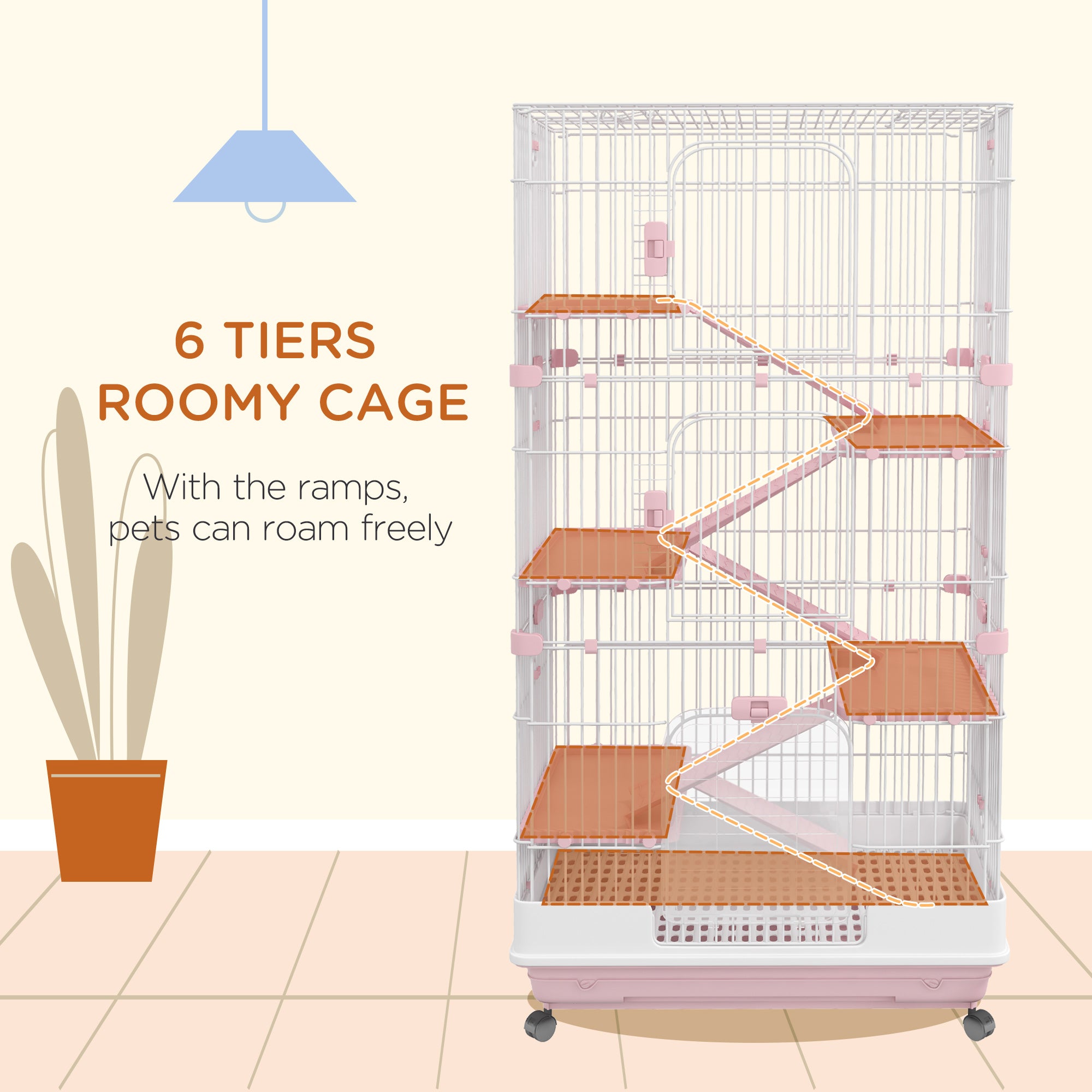 32"L 6-Level Small Animal Cage Rabbit Hutch with Universal Lockable Wheels, Slide-out Tray for Bunny, Chinchillas, Ferret, Pink